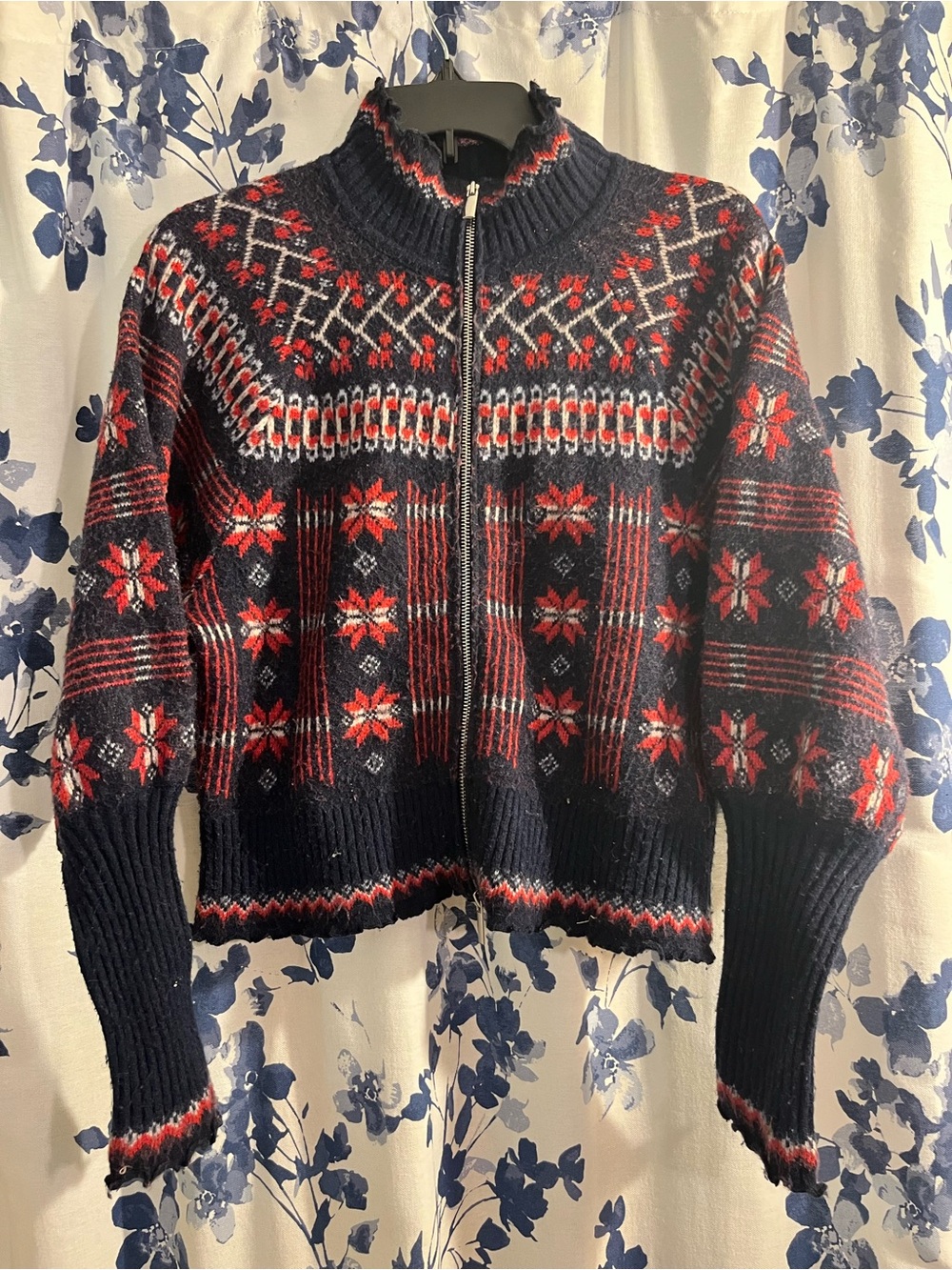 House of Harlow 1960 Navy, Red & Cream Fair Isle Zip Cardigan